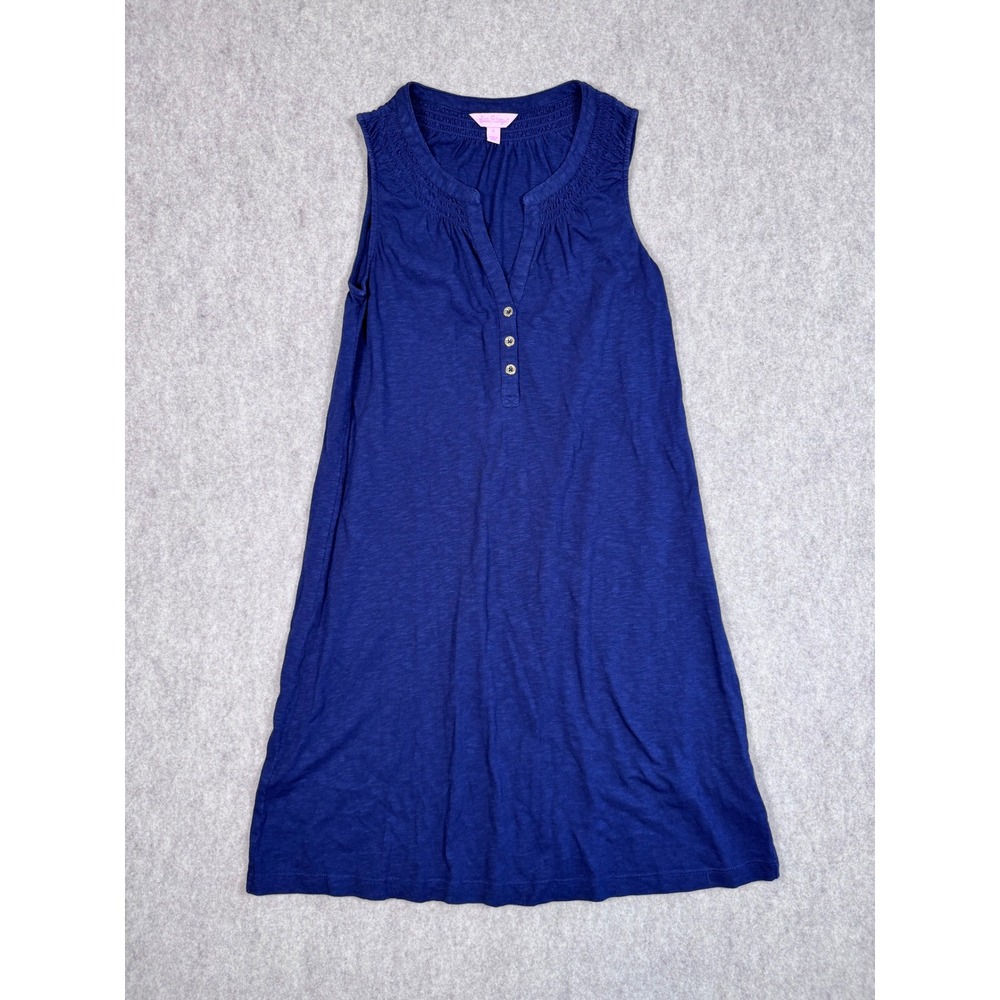 k117. Lilly Pulitzer Navy Blue Sleeveless Smocked Button Neck Cotton Modal Dress
